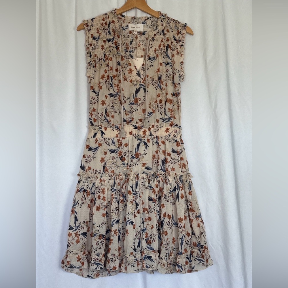 Dear‎ John Floral Smocked Mini Dress Cream Gold Metallic Tassel Tiered Small NWT